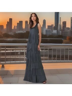 Vivienne Tam Ruffled Tiered Maxi Dress Womens XS Gray Stretch Boho Holiday Party